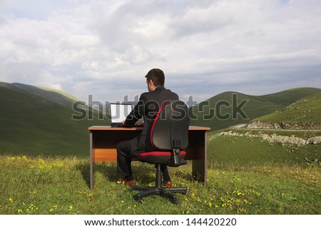 Rear view of businessman using laptop at desk in mountain field