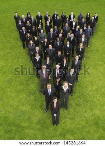 Elevated view of large group of business people standing in triangle formation
