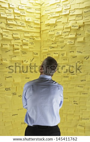 Rear view of a businessman standing in front of wall covered in sticky notes