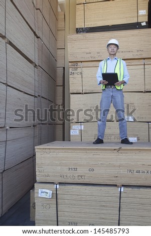 Portrait of a worker standing on stack of plywood