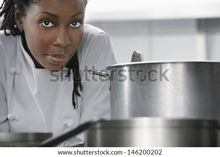 Closeup of an African American female chef in the kitchen