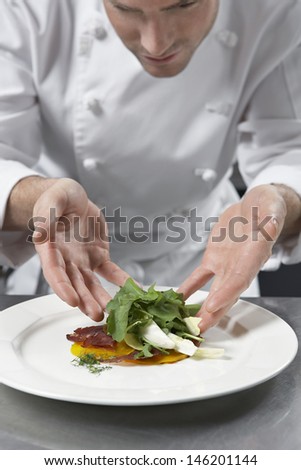 Closeup of a male chef preparing salad in kitchen
