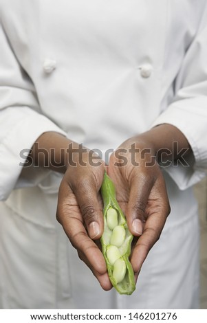 Closeup midsection of a female chef holding vegetables