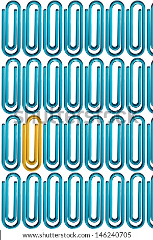 Yellow paper clip standing out from the crowd of blue paper clips over white background