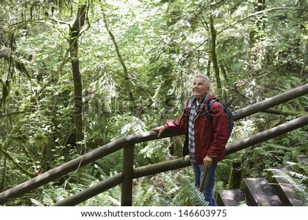 Side view of a mature man on stairs looking up in forest