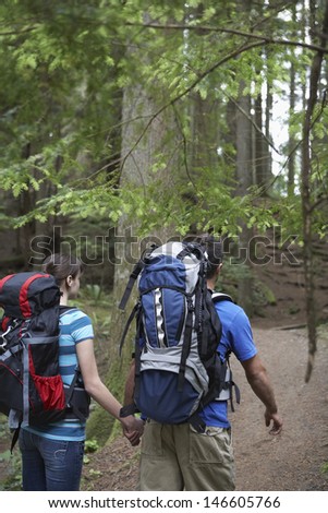 Rear view of a young couple with backpacks holding hands and walking in forest