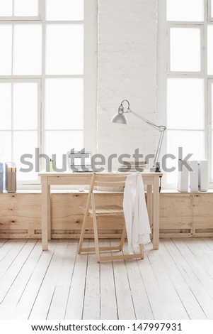 Similar – Image, Stock Photo Empty room with whitewash walls closed fireplace and brown curtains on windows