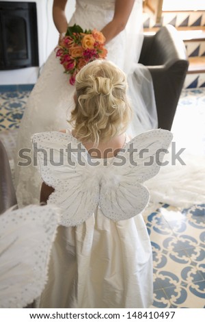 Rear view of a girl wearing butterfly wings at wedding ceremony