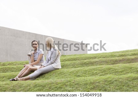 Full length of businesswomen sitting on grass steps against sky