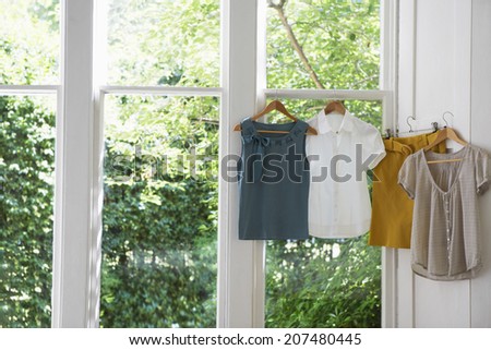 Blouses and skirt on hangers at domestic window