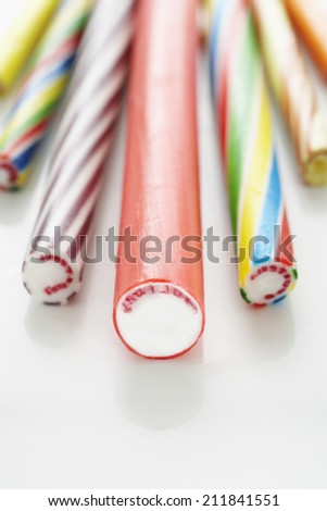Close up of rock candy sticks elevated view studio shot