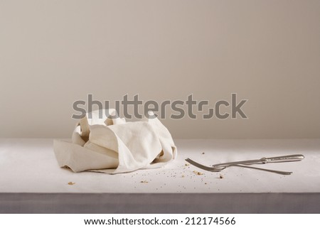 Dish cloth, cutlery and crumbs on table