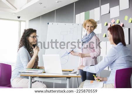 Businesswoman explaining pie chart to colleagues in creative office