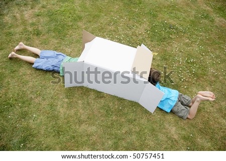 Two boys in backyard playing in cardboard box, high angle view