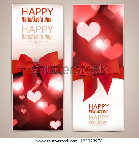 Beautiful greeting cards with red bows and copy space. Valentine’s day. Vector illustration