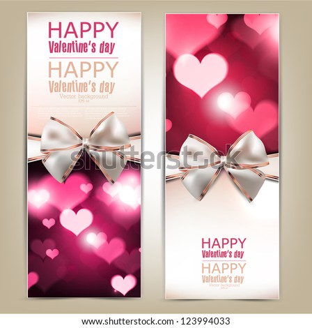 Beautiful greeting cards with white bows and copy space. Valentine’s day. Vector illustration