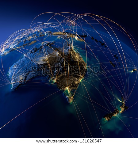 Highly detailed planet Earth at night, illuminated by light of cities, surrounded by a luminous network, representing the major air routes based on real data. Elements of this image furnished by NASA