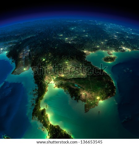 Highly detailed Earth, illuminated by moonlight. The glow of cities sheds light on the exaggerated terrain and translucent water. Asia, Indochina peninsula. Elements of this image furnished by NASA