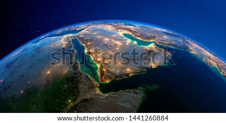 Planet Earth with detailed exaggerated relief at night lit by the lights of cities. Saudi Arabia. 3D rendering. Elements of this image furnished by NASA