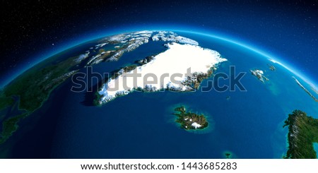 Highly detailed planet Earth in the morning. Exaggerated precise relief lit morning sun. Greenland and Iceland. 3D rendering. Elements of this image furnished by NASA