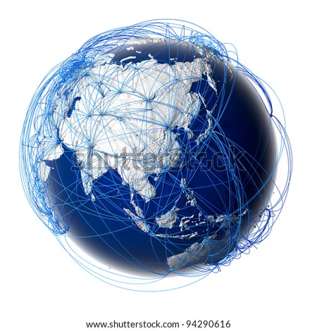 Earth with relief stylized continents surrounded by a wired network, symbolizing the world aviation traffic, which is based on real data on the carriage of passengers and flight directions