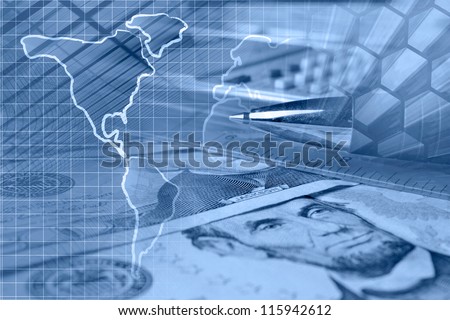 Business collage in blues with money, buildings, pen and map.