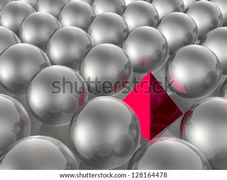 Red pyramid and grey spheres as abstract background.