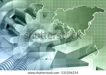 Business background with map, gear and buildings, in greens and blues.
