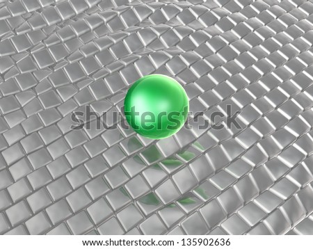 Green sphere on grey cubes as abstract background.