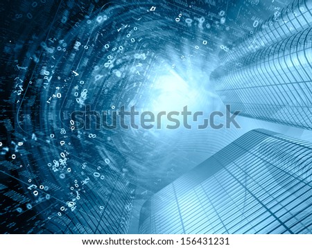 Digits and buildings - abstract computer background in blues.