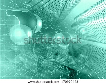 Buildings and map - abstract computer background in greens.