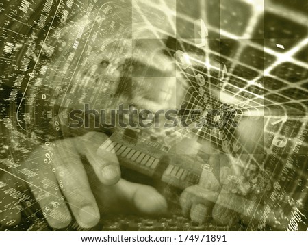 Digits and hands - abstract computer background in sepia.