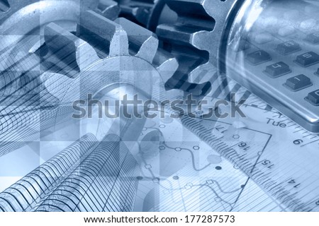 Business background in blues with graph, gear and buildings.