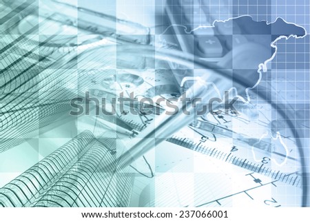 Business background with map, buildings and pen, in greens and blues.