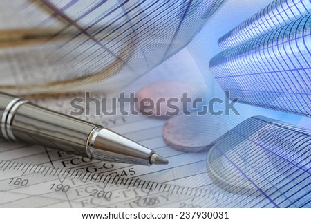 Business background with money, buildings and pen.