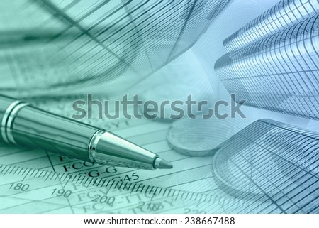 Business background with money, buildings and pen, green and blue toned.