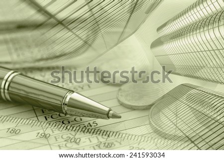 Business background with money, buildings and pen, in sepia.
