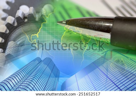 Business background with gears, map, buildings and pen.