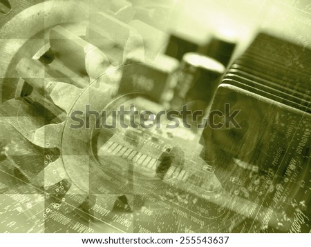 Technology background with electronic device, gears and digits, sepia toned.