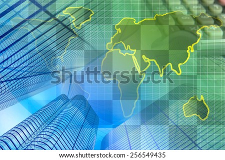Business background with buildings, calculator and map.