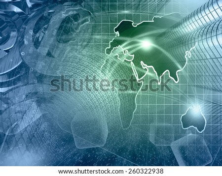 Computer background with buildings, map and digits, in greens and blues.