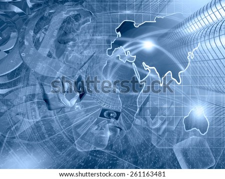 Buildings, mans and map - abstract computer background in blues.