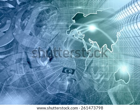Buildings, mans and map - abstract computer background in greens and blues.