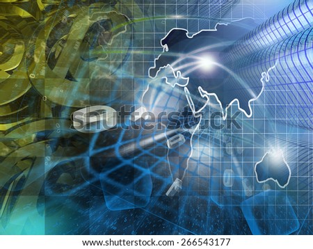 Digits, buildings and map - abstract computer background.