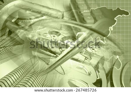 Financial background in sepia with buildings, calculator, map and pen.