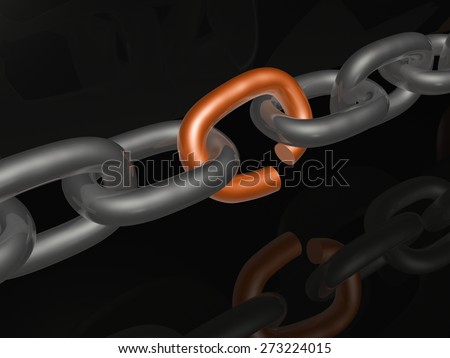 Grey chain with broken orange link, black background.