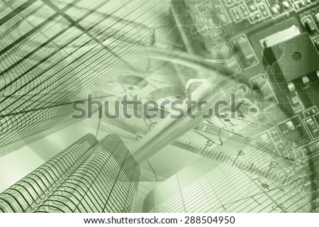 Business background in sepia with buildings, electronic device and glasses.