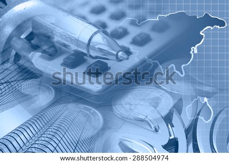 Financial background in blues with money, calculator, map and pen.