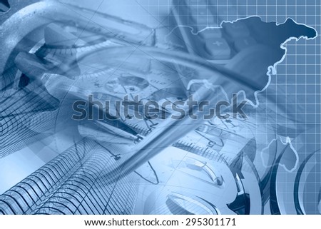 Financial background in blues with buildings, map, graph and pen.