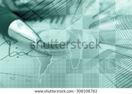 Business background in greens with money, graph and buildings.